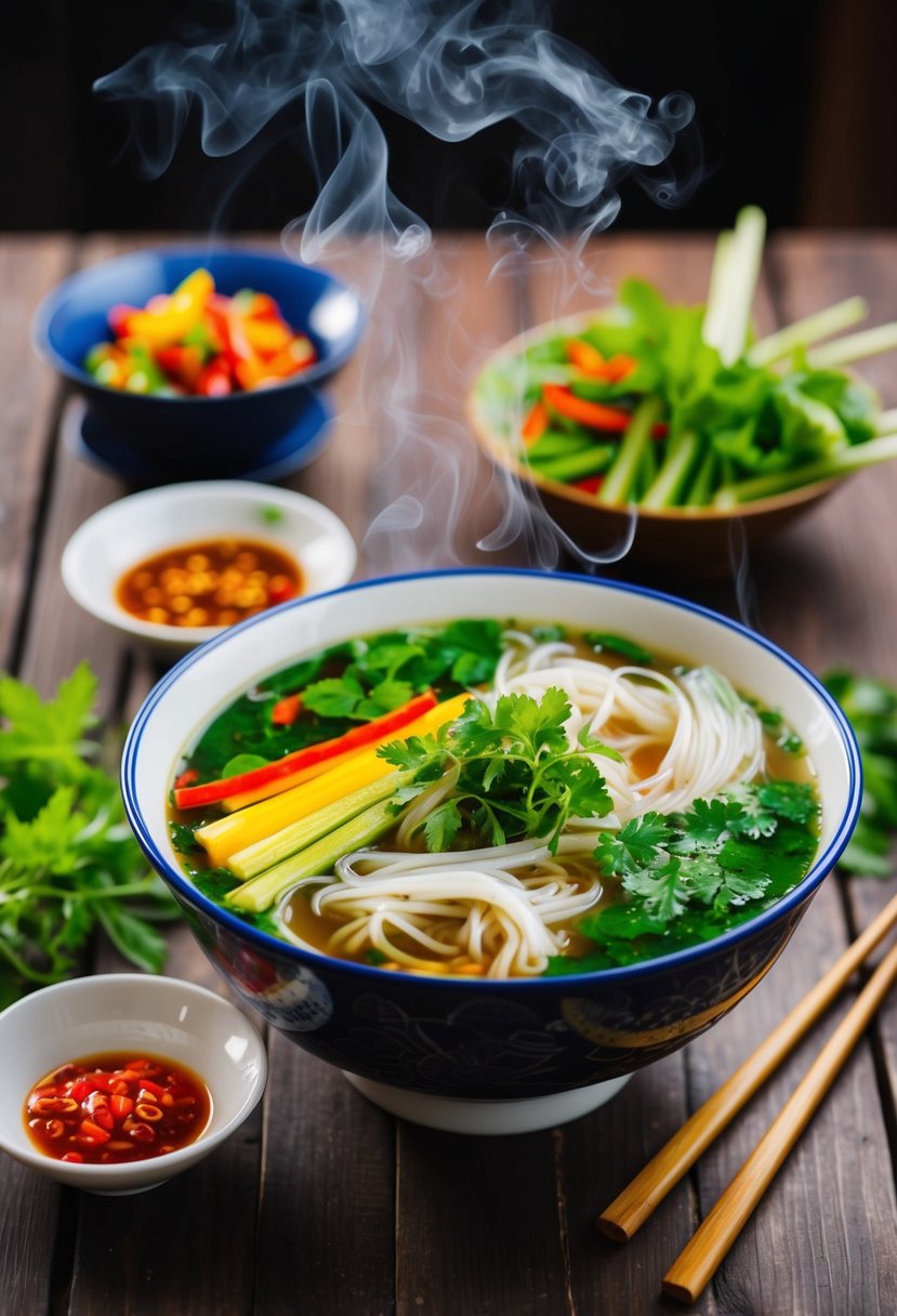 A steaming bowl of Vietnamese Pho with colorful vegetables and herbs, surrounded by chopsticks and a small dish of chili sauce