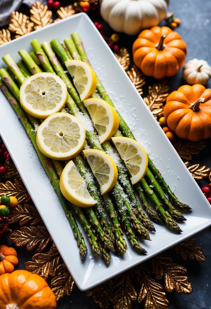 A platter of roasted asparagus topped with lemon slices and grated Parmesan, surrounded by festive Thanksgiving decor