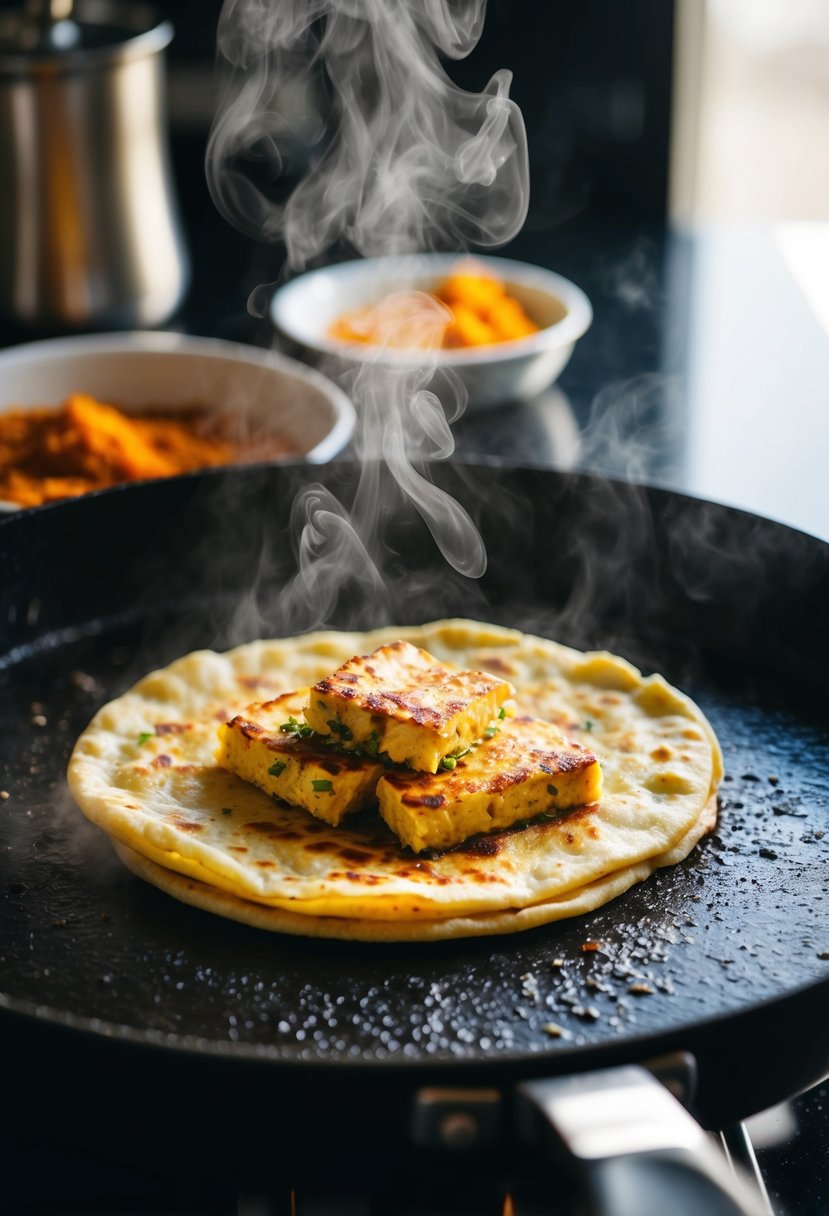 A sizzling hot paneer tikka paratha being cooked on a griddle, with steam rising and aromatic spices filling the air