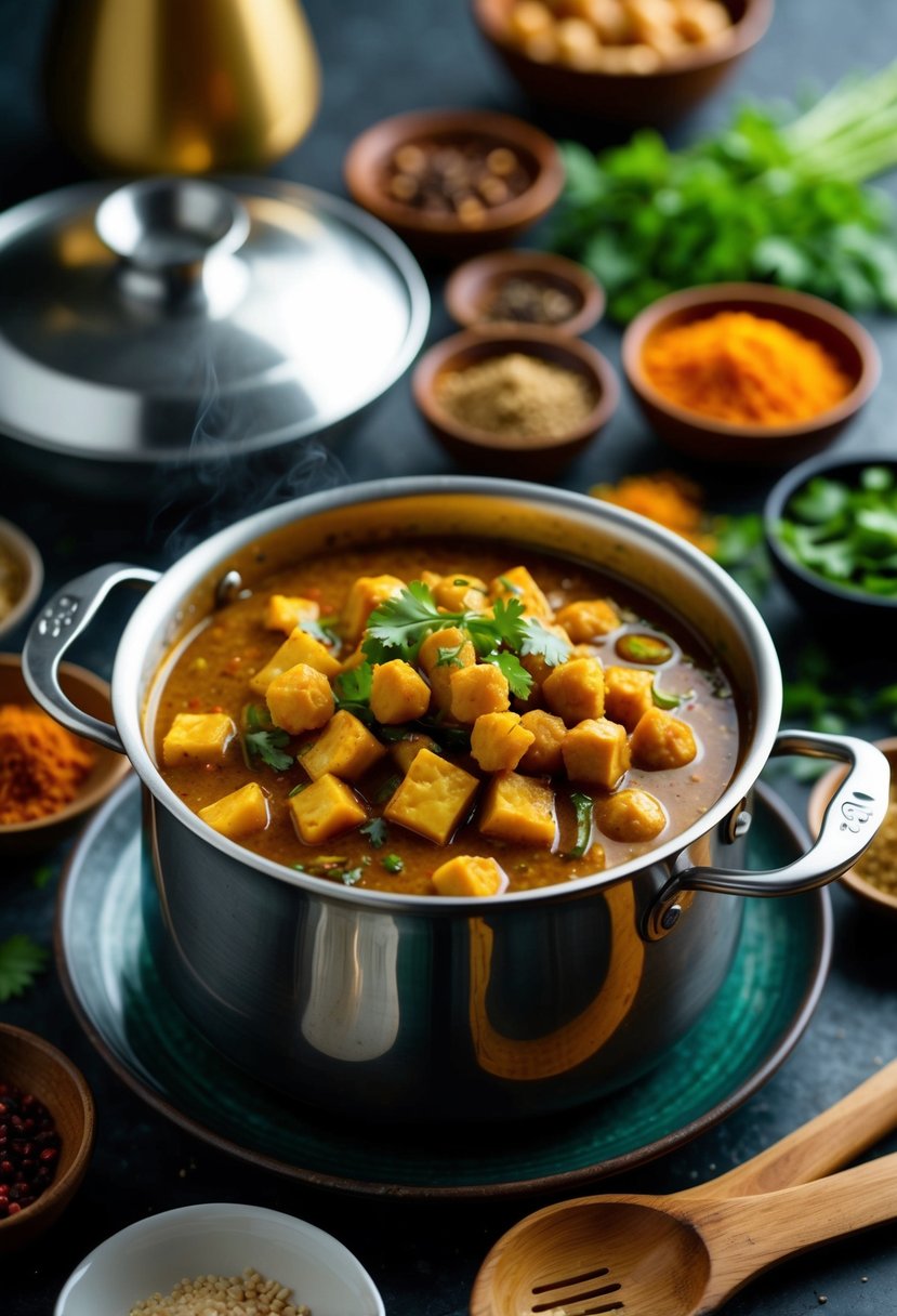 A steaming pot of Burmese chickpea tofu curry surrounded by vibrant Asian spices and ingredients