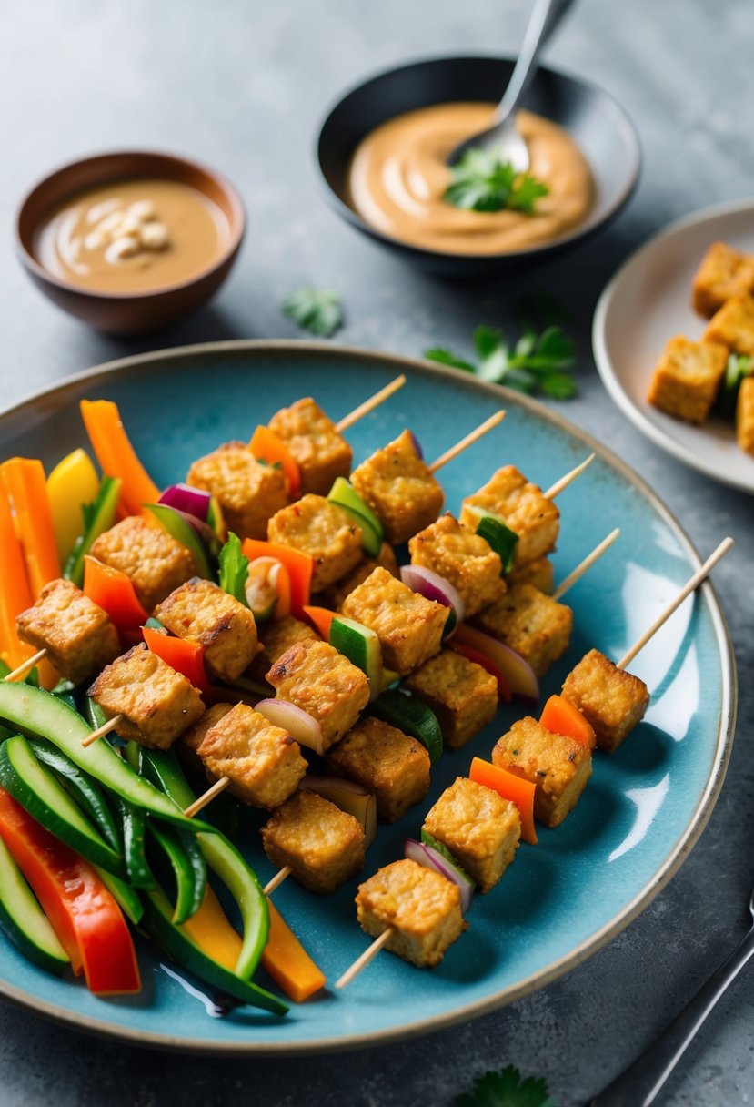 A plate of Indonesian Tempeh Satay with colorful vegetables and a side of peanut sauce