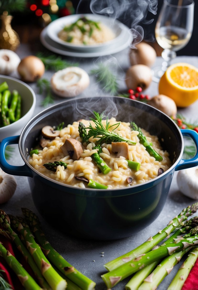 A steaming pot of creamy risotto with asparagus and mushrooms, surrounded by fresh ingredients and a festive table setting