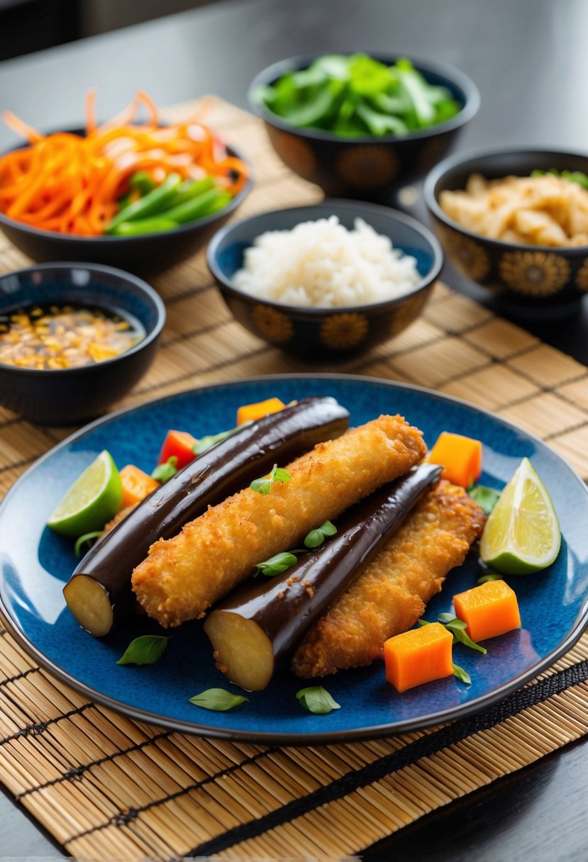 A plate of Japanese katsu with eggplant, surrounded by colorful Asian ingredients, on a bamboo placemat