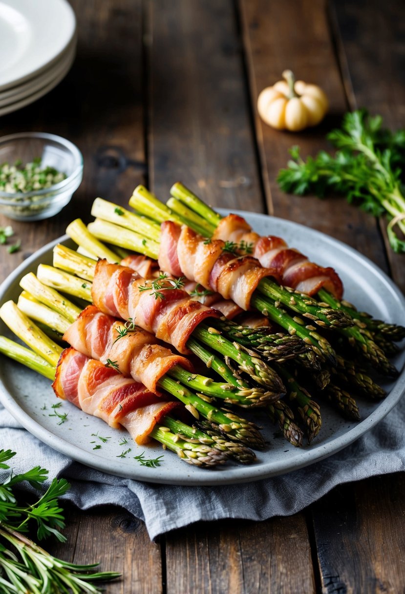 A platter of bacon-wrapped asparagus bundles, garnished with herbs, sits on a rustic wooden table, ready for a Thanksgiving feast