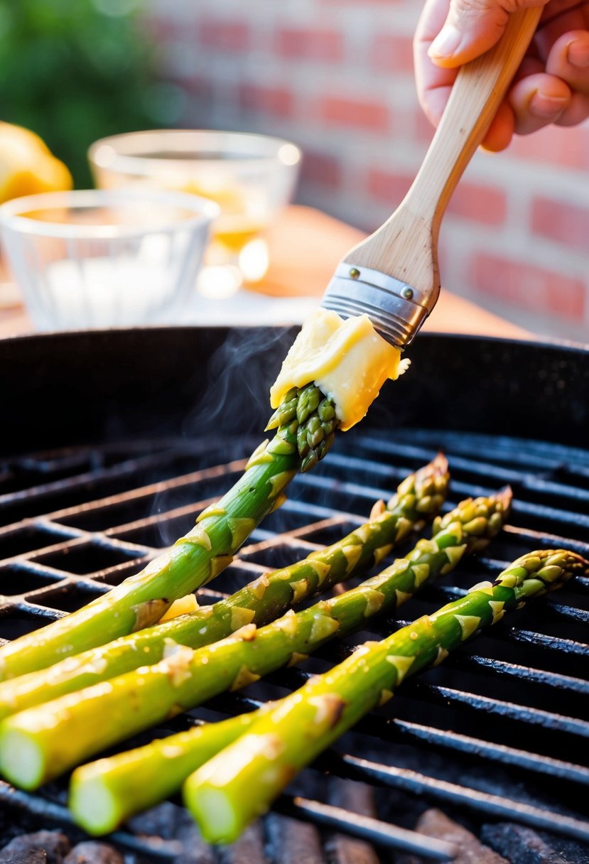 A sizzling asparagus spear is being brushed with garlic butter on a hot grill