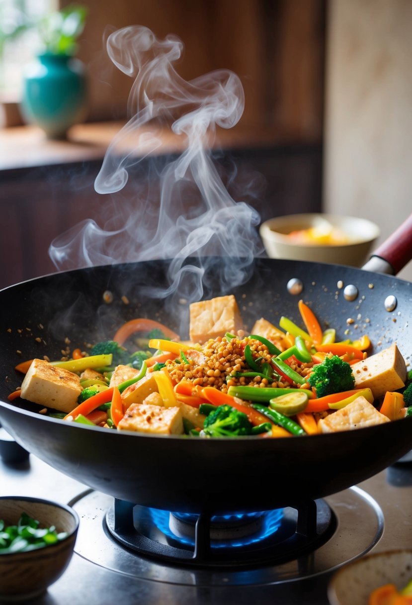 A wok sizzles with colorful vegetables and tofu in a fragrant Chinese five-spice stir fry. Steam rises as the ingredients are tossed together over a hot flame