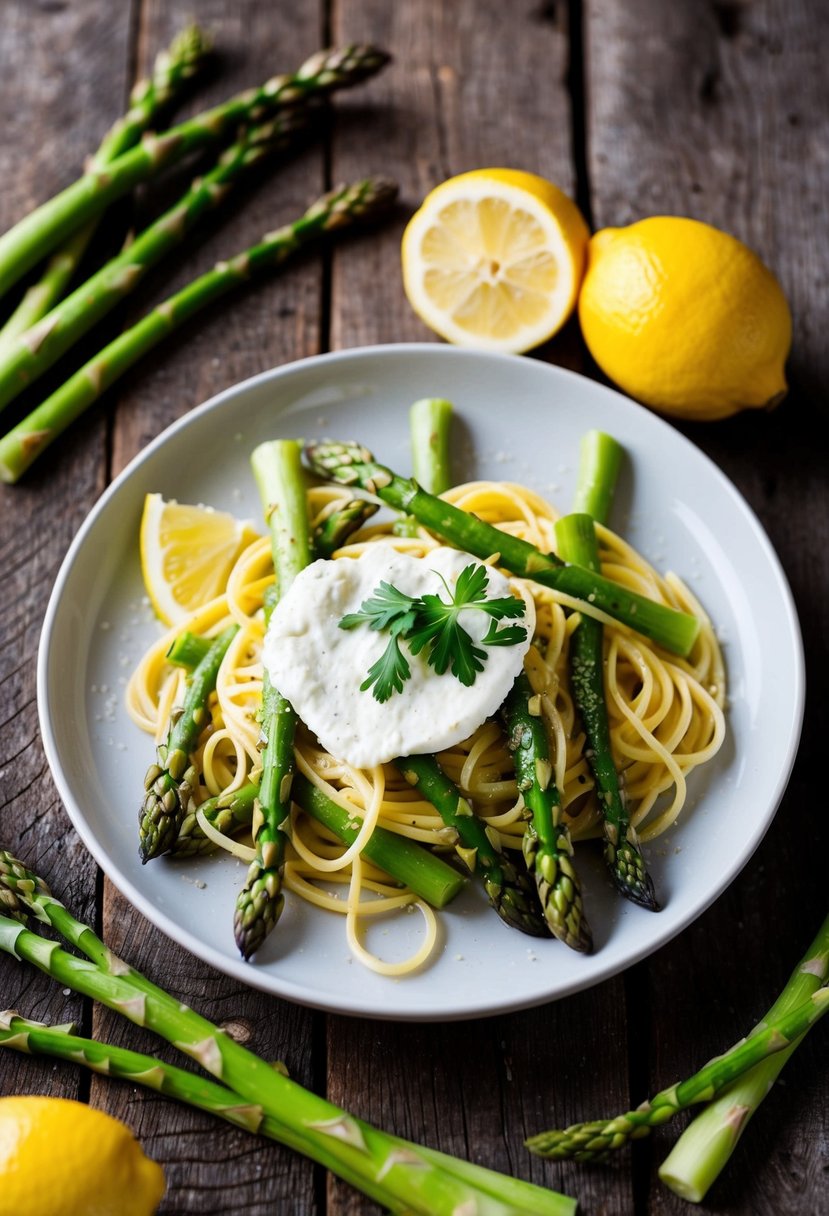 A steaming plate of asparagus, goat cheese, and lemon pasta on a rustic wooden table, surrounded by fresh asparagus spears and a lemon