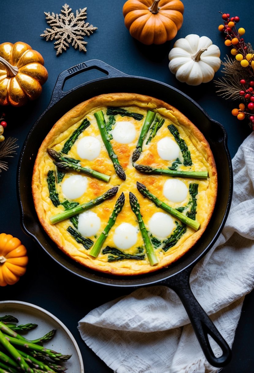 A sizzling frittata in a cast iron skillet, filled with vibrant green asparagus and melted Fontina cheese, surrounded by festive Thanksgiving decor