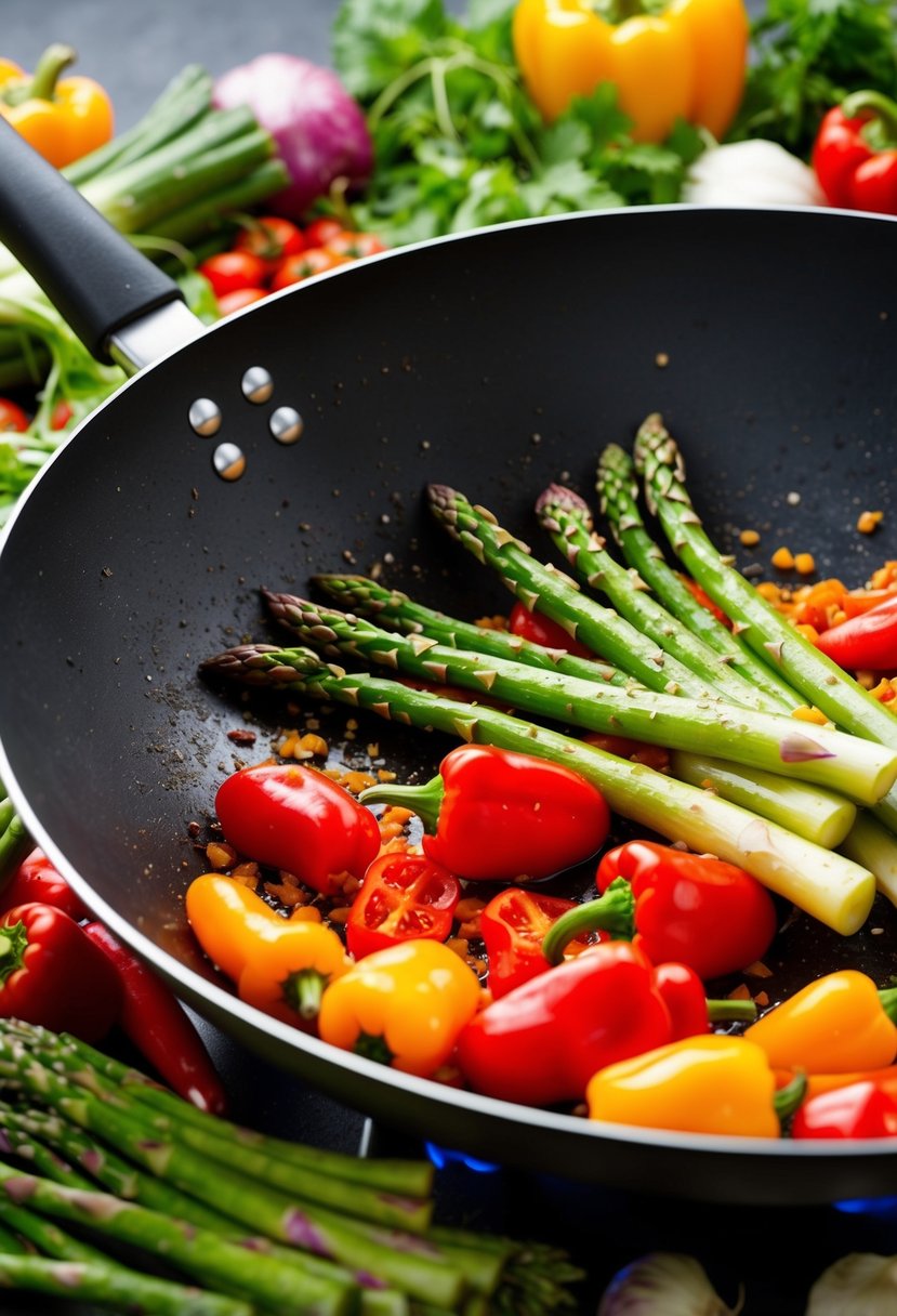 Fresh asparagus and vibrant red peppers sizzle in a hot wok, surrounded by a colorful array of vegetables and seasonings