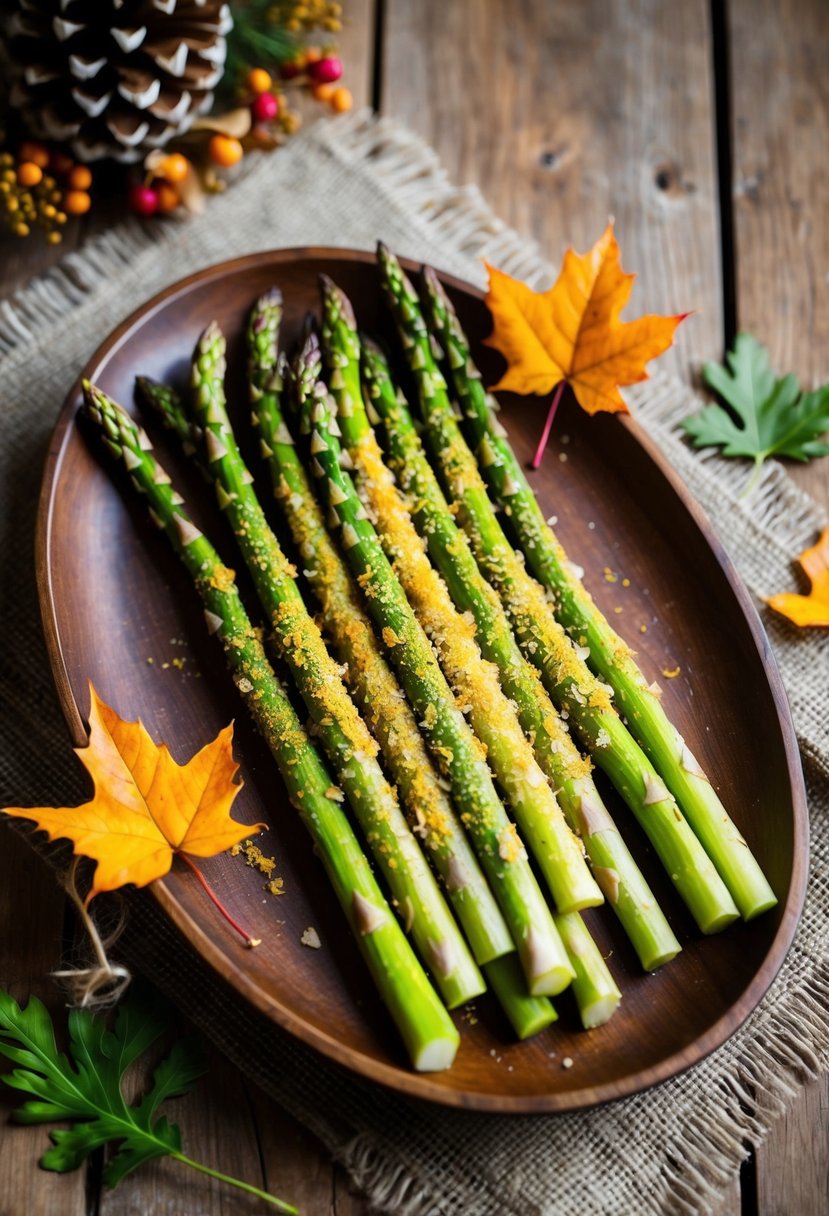 Fresh asparagus spears coated in golden herb crust, arranged on a rustic wooden platter with autumn leaves and seasonal decor