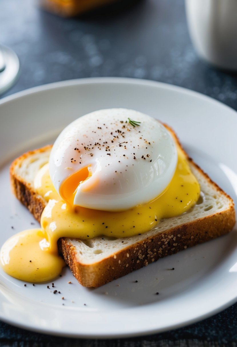 A poached egg resting on a slice of toast, with a sprinkle of black pepper and a drizzle of hollandaise sauce, served on a white plate