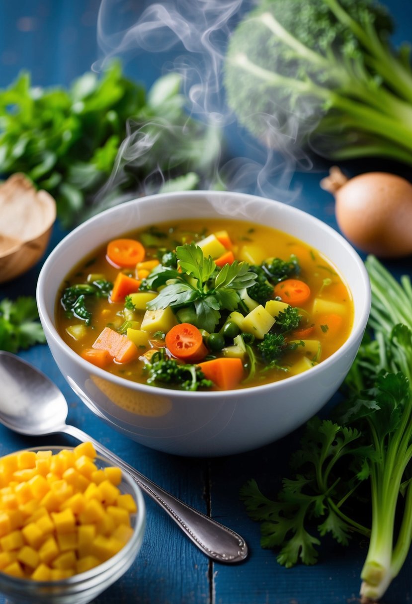 A steaming bowl of vibrant vegetable soup surrounded by fresh ingredients and a spoon