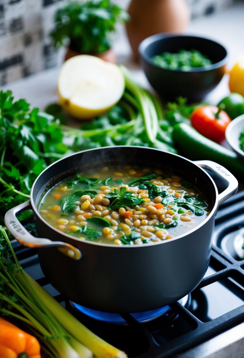 A pot of lentil and spinach soup simmers on a stovetop, surrounded by fresh vegetables and herbs