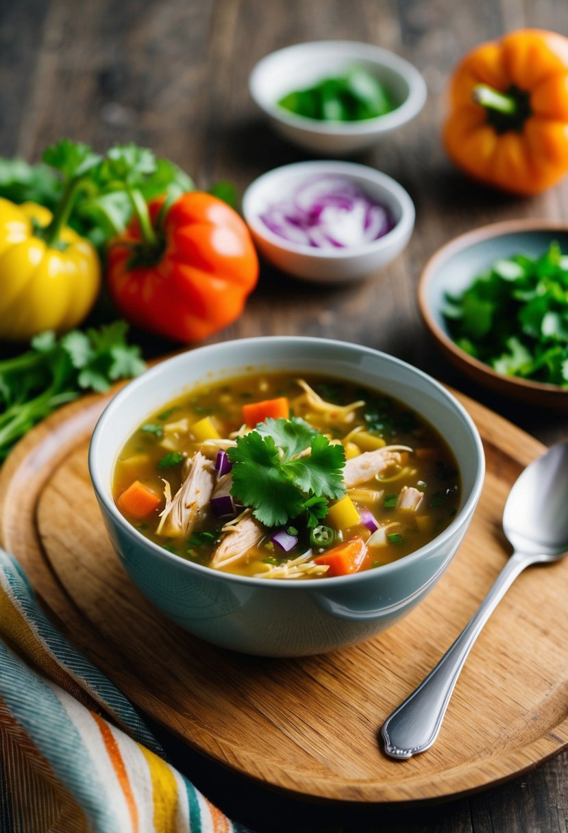 A steaming bowl of chicken tortilla soup with colorful vegetables and a sprinkle of cilantro on top