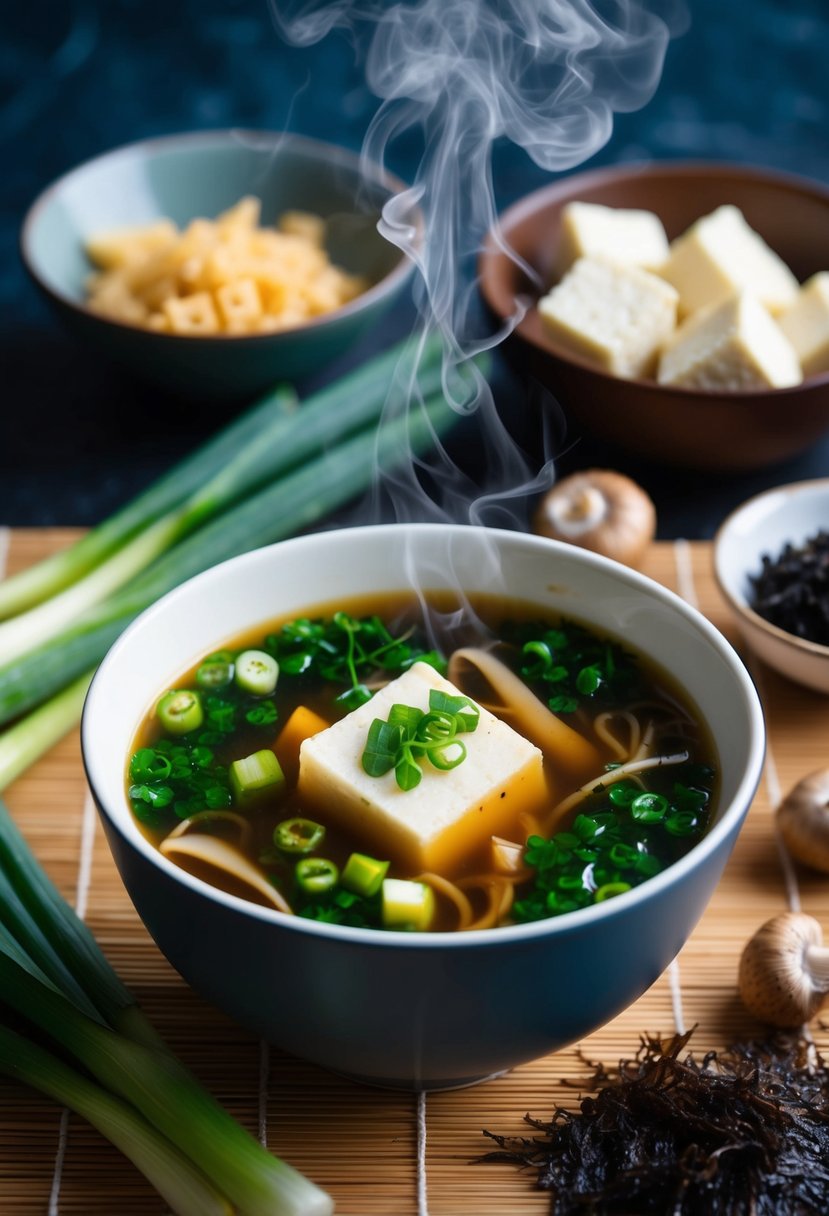 A steaming bowl of miso soup with tofu, surrounded by fresh ingredients like green onions, seaweed, and mushrooms