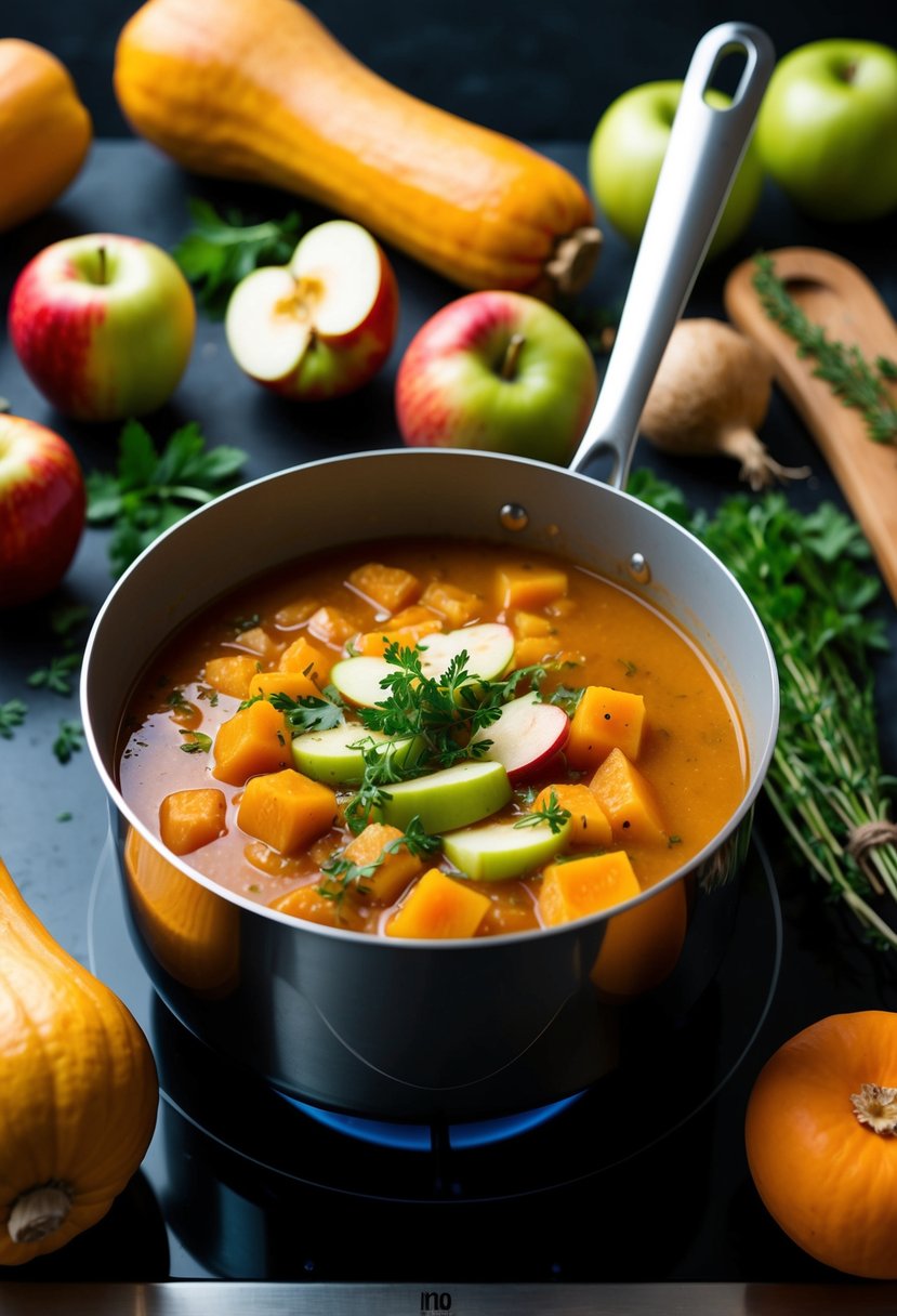 A pot of butternut squash and apple soup simmers on a stove, surrounded by fresh ingredients like apples, squash, and herbs