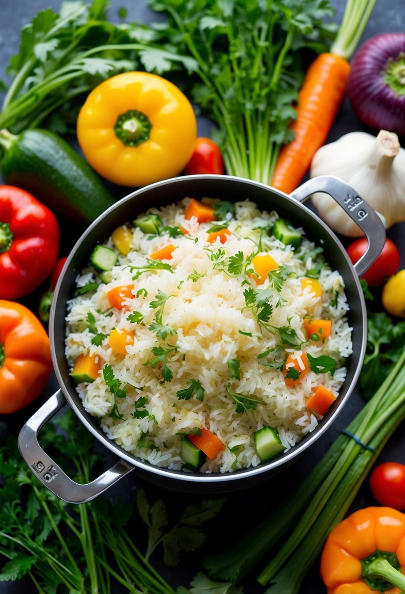 A colorful array of fresh vegetables and herbs surround a steaming pot of fluffy, fragrant rice, creating a vibrant and healthy scene