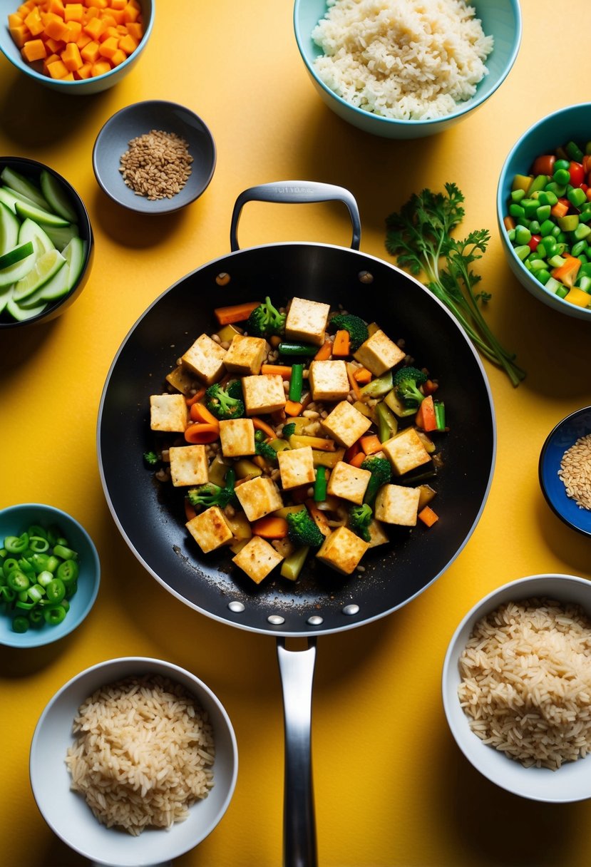 A sizzling pan of tofu and vegetable stir-fry surrounded by bowls of brown rice and colorful ingredients