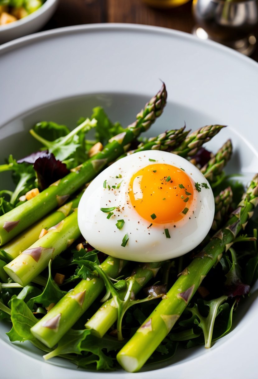 A poached egg sits atop a bed of fresh asparagus, mixed with vibrant salad greens and drizzled with a light vinaigrette