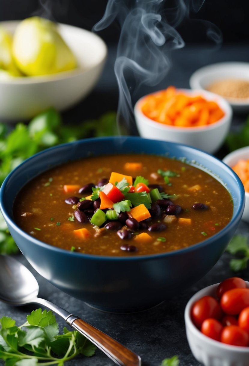 A steaming bowl of spicy black bean soup surrounded by fresh ingredients and a spoon