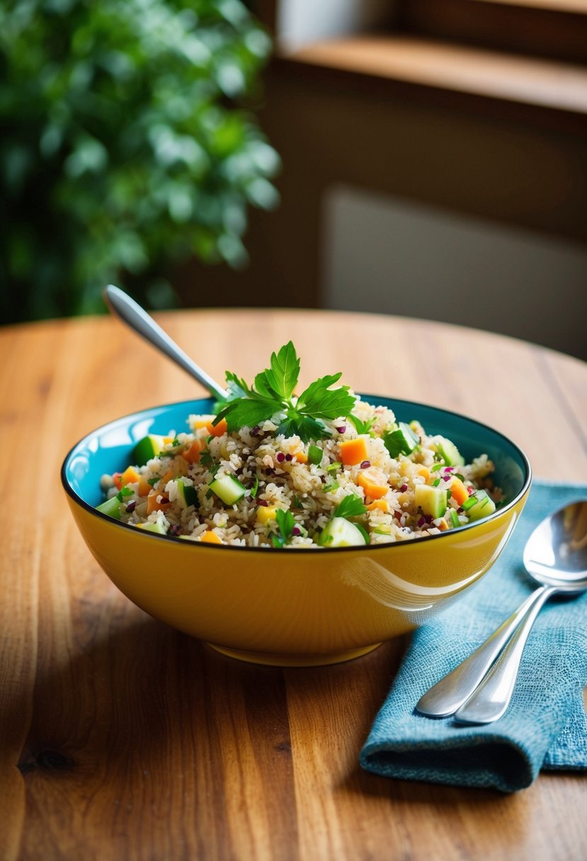 A colorful bowl of quinoa and rice salad with fresh herbs and vegetables, sitting on a wooden table