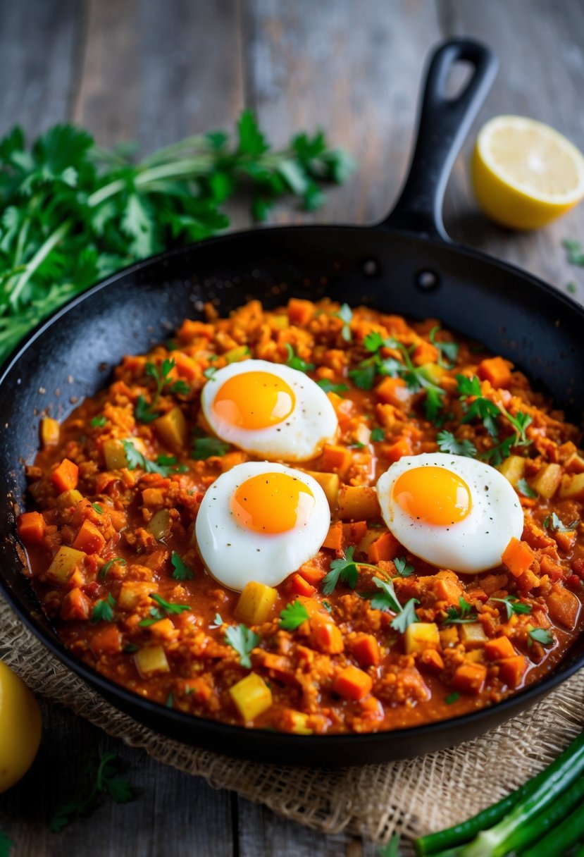 A skillet with poached eggs nestled in a bed of spicy Cajun-style sauce, surrounded by vibrant vegetables and herbs