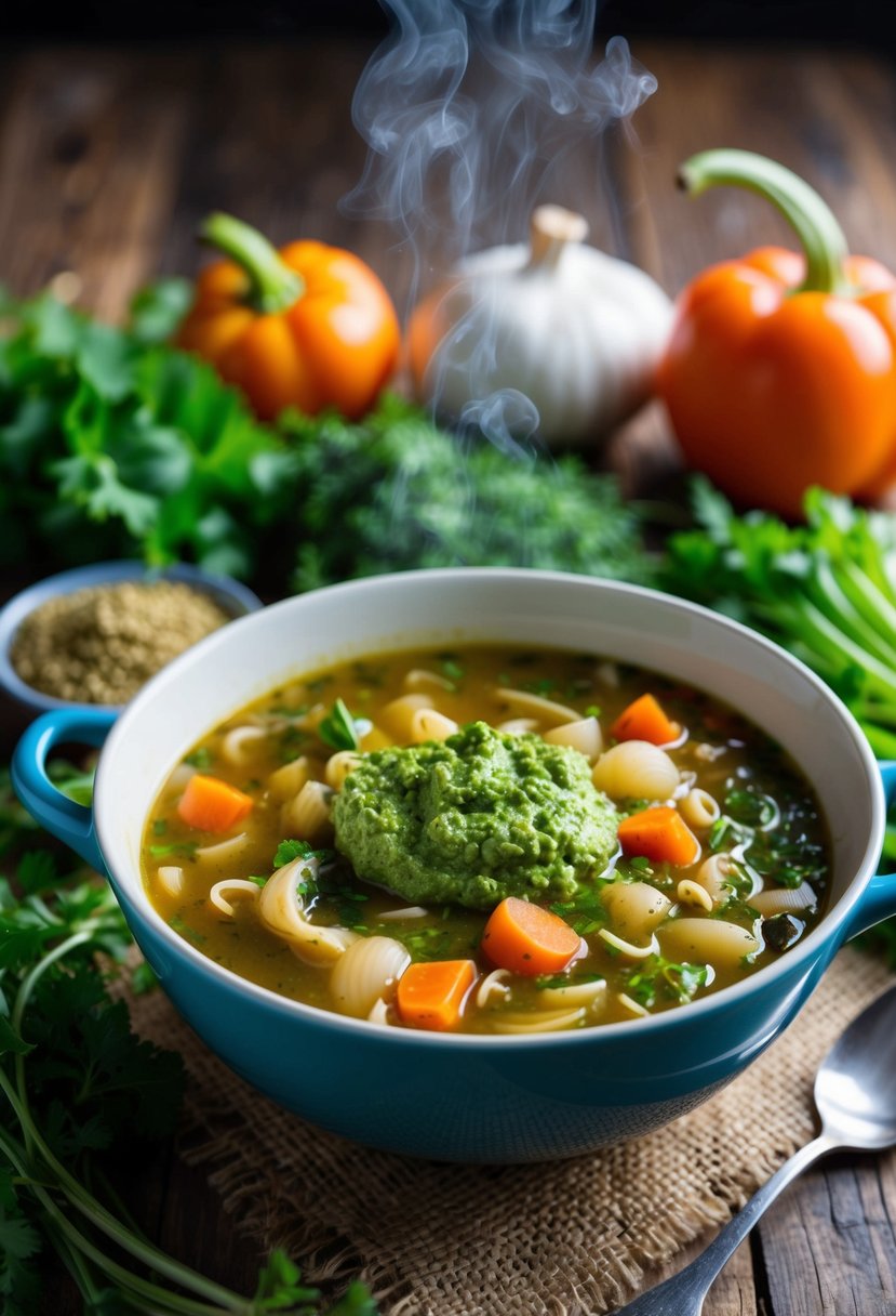 A steaming bowl of minestrone soup topped with a dollop of vibrant green pesto sits on a rustic wooden table, surrounded by colorful vegetables and fresh herbs