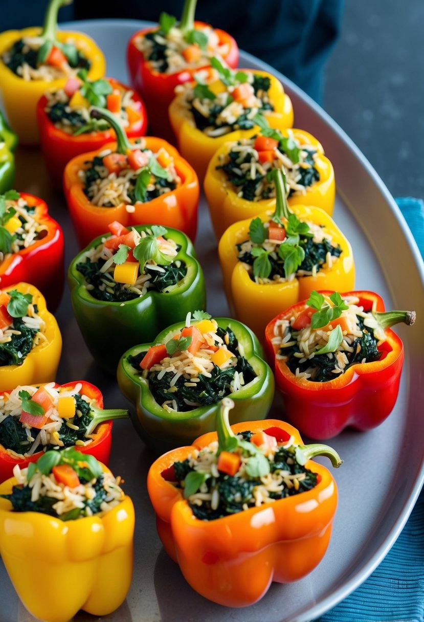 A colorful array of bell peppers, filled with a hearty mixture of spinach, rice, and healthy ingredients, arranged neatly on a serving platter