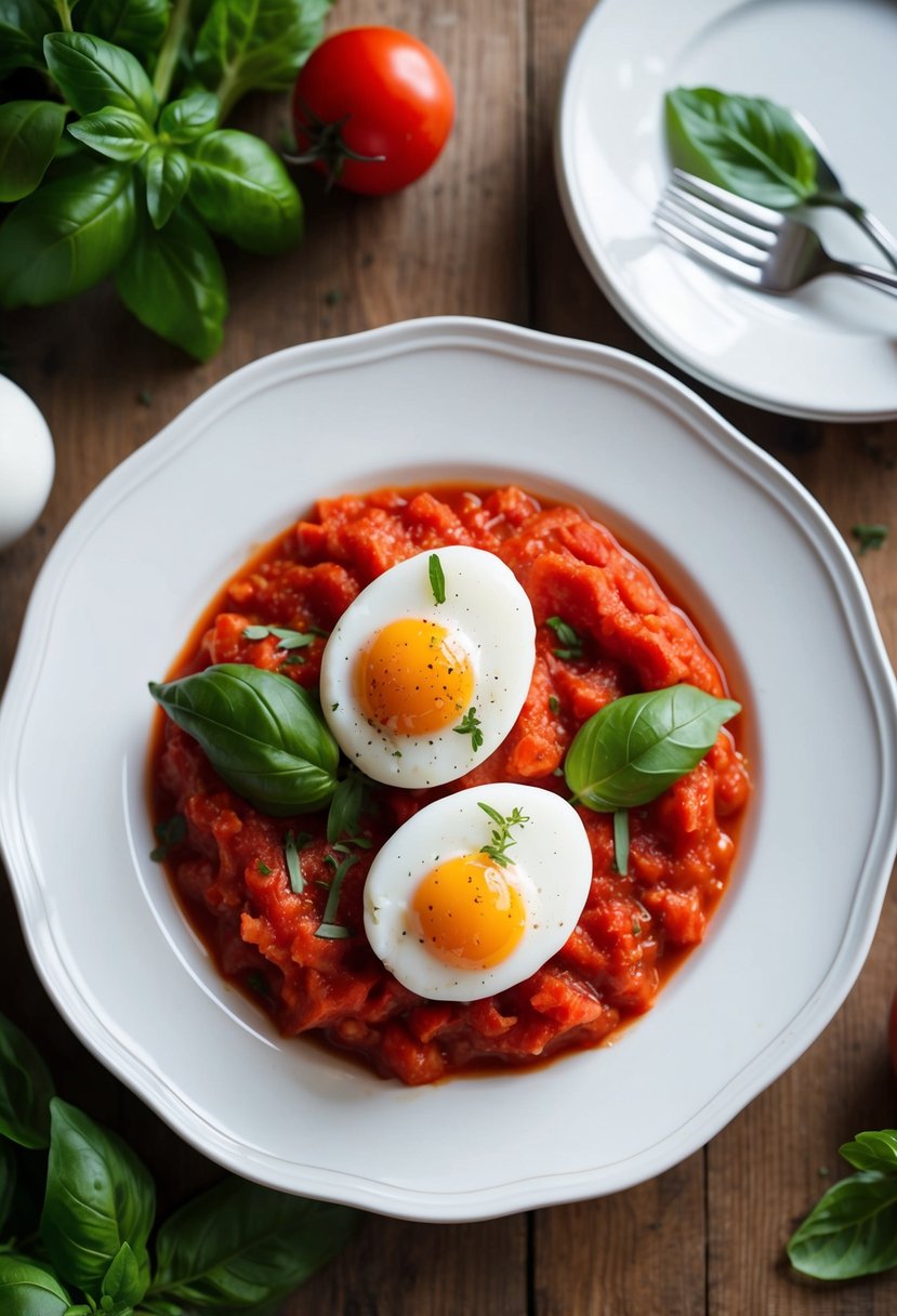 A white porcelain plate with two poached eggs nestled in a bed of bright red tomato sauce, sprinkled with fresh green basil leaves