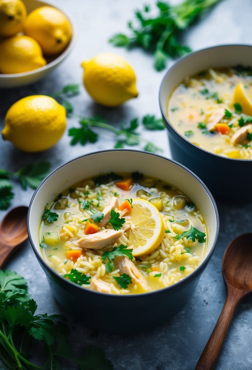 A steaming pot of lemon chicken and rice soup surrounded by fresh ingredients and a rustic wooden spoon