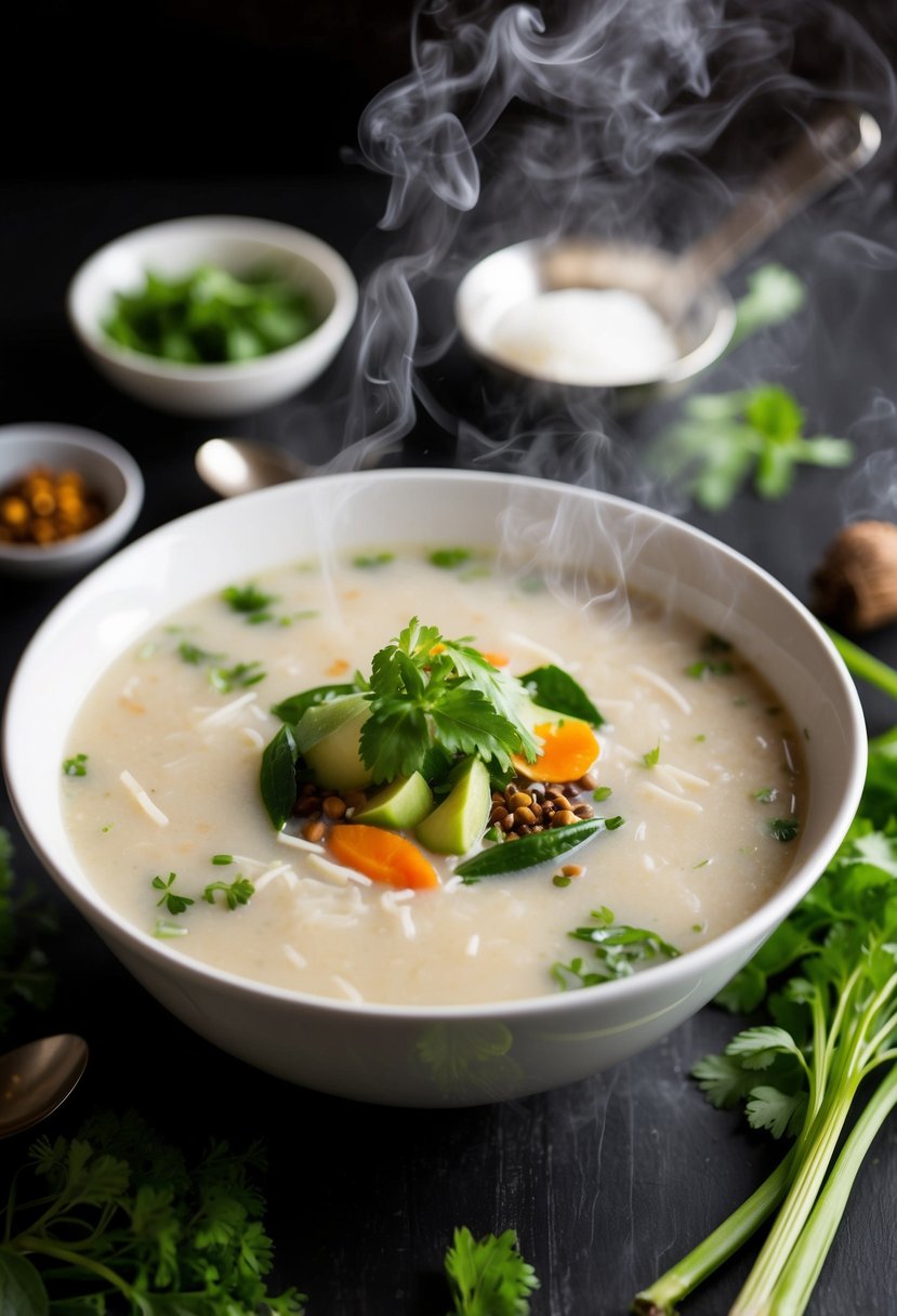 A steaming bowl of Thai coconut soup surrounded by fresh herbs and spices