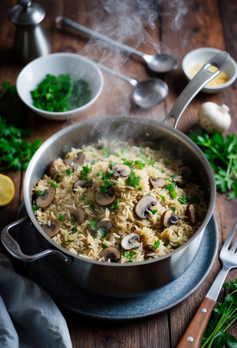 A steaming pot of mushroom and rice pilaf sits on a rustic wooden table, surrounded by fresh ingredients and cooking utensils