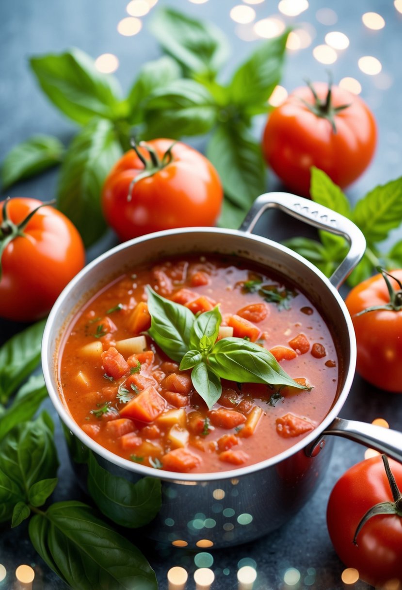 A pot of simmering tomato basil soup surrounded by fresh basil leaves and ripe tomatoes