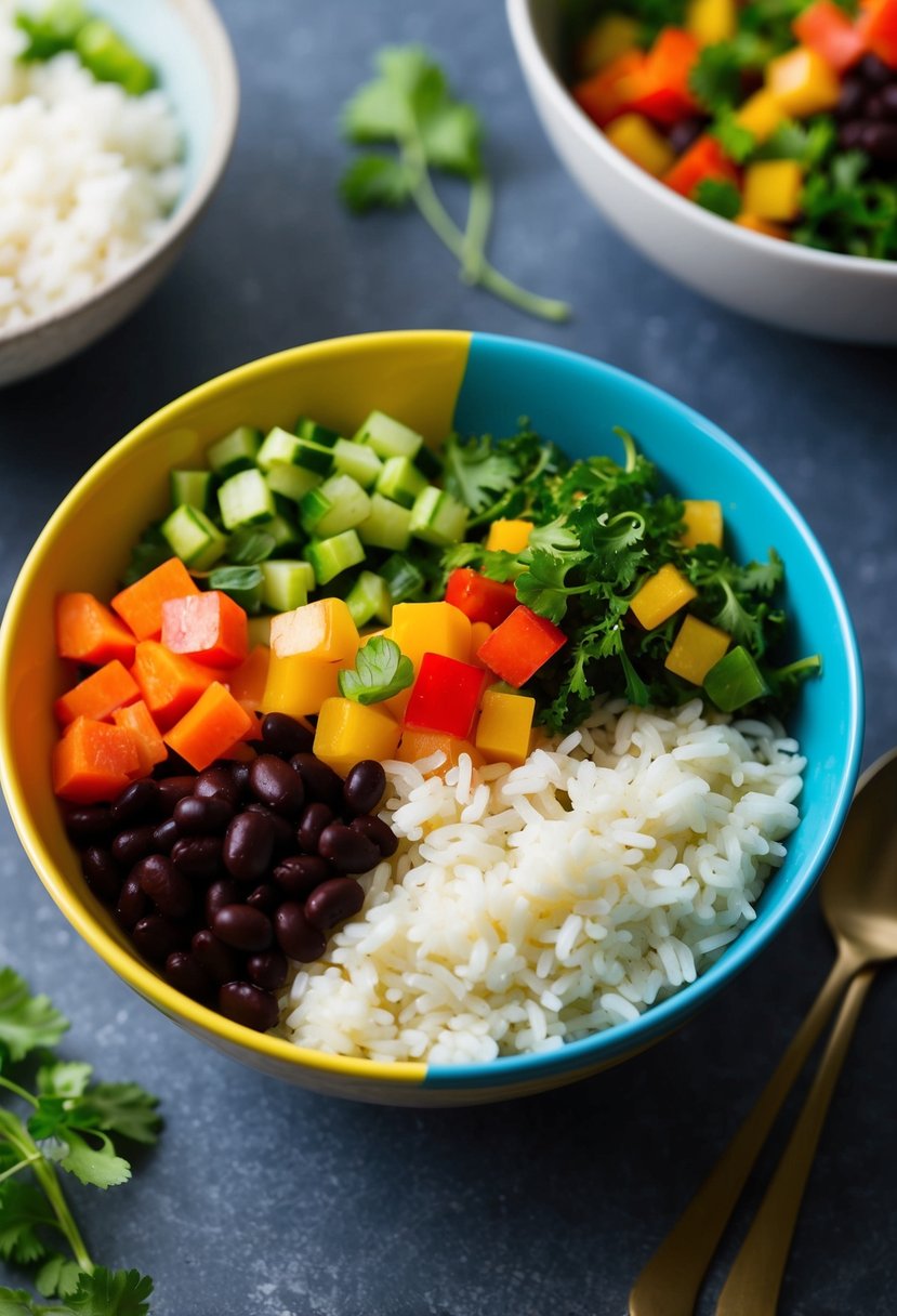 A colorful bowl filled with fluffy white rice, black beans, and vibrant vegetables, creating a healthy and delicious rice and black bean bowl