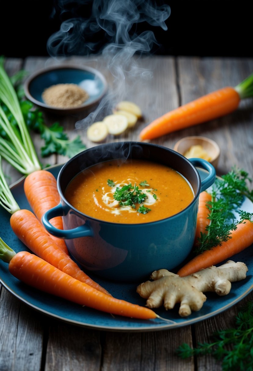 A steaming pot of Carrot Ginger Soup surrounded by fresh carrots and ginger, with a sprinkle of herbs on the side