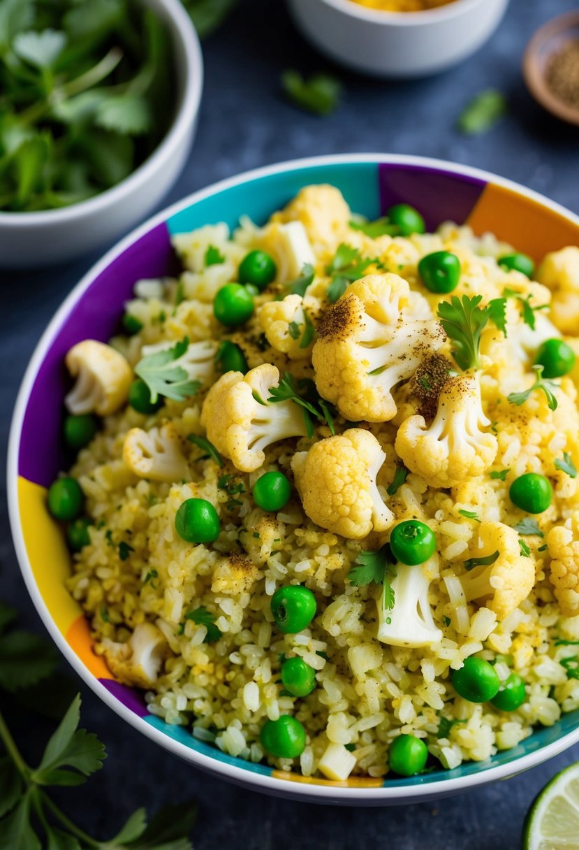 A colorful bowl of curried cauliflower rice with peas, garnished with fresh herbs and spices