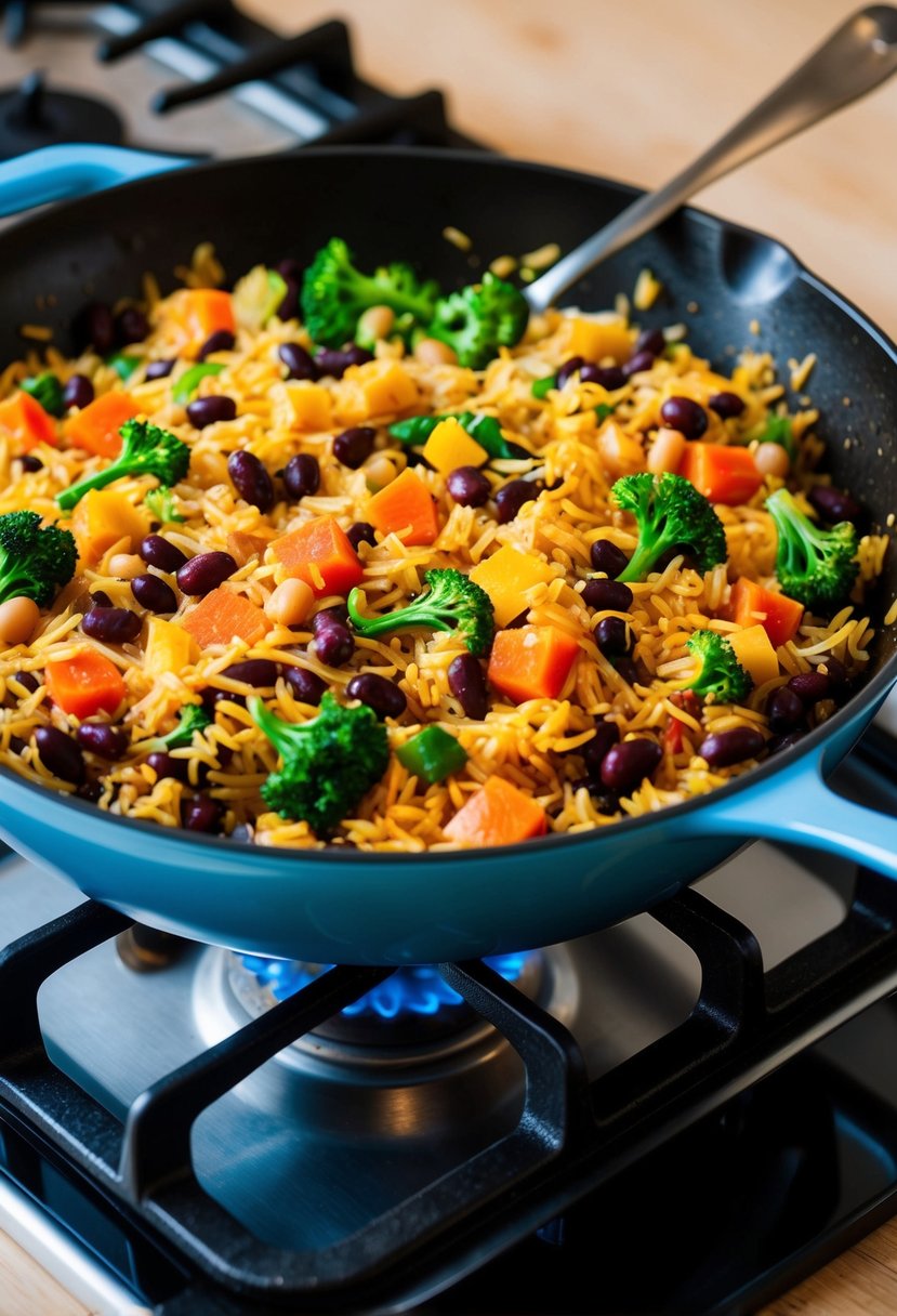 A colorful skillet filled with Mediterranean rice, beans, and vibrant vegetables sizzling over a stovetop