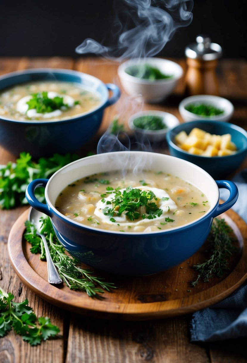 A steaming bowl of French Onion Soup surrounded by fresh ingredients and herbs on a rustic wooden table