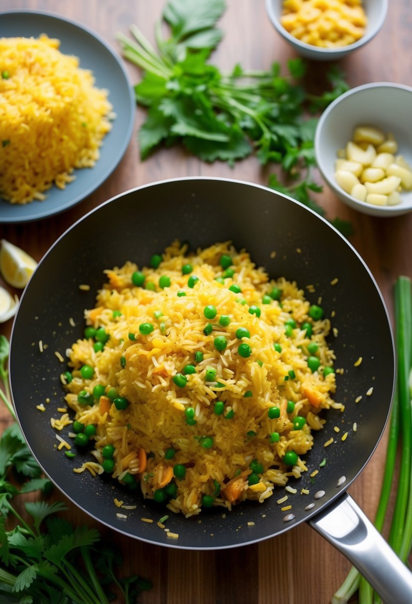 A sizzling wok filled with fragrant ginger and garlic fried rice, surrounded by fresh vegetables and herbs