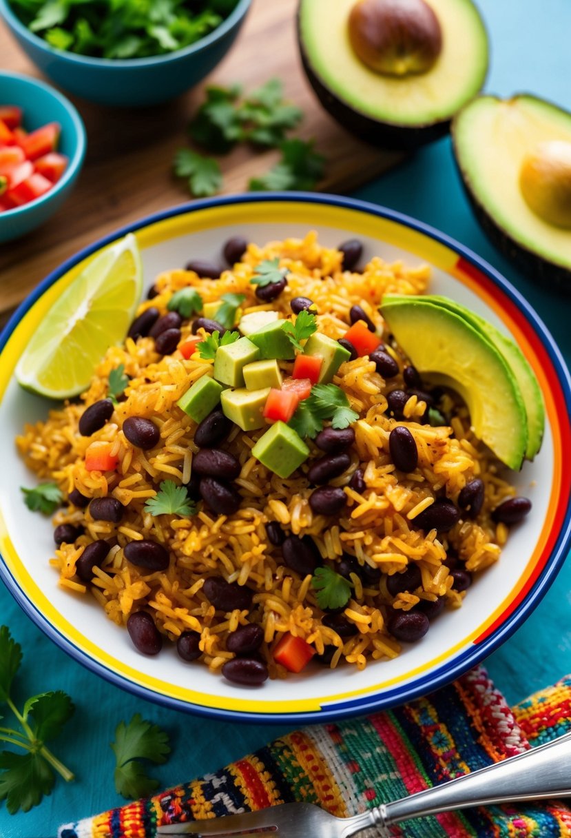 A colorful plate of Mexican-style rice and beans with fresh ingredients and a side of avocado