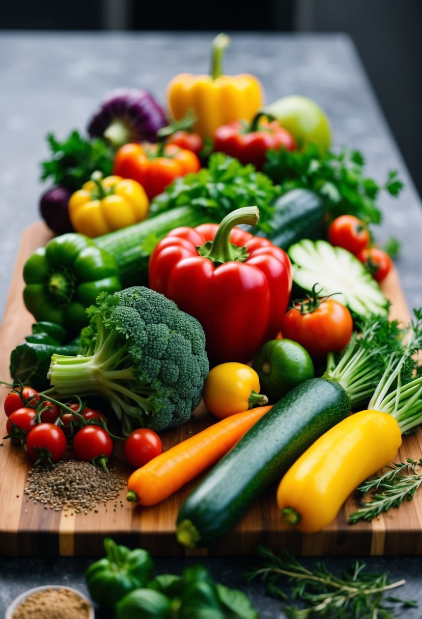 A colorful array of fresh vegetables arranged on a wooden cutting board, with a variety of herbs and spices scattered around