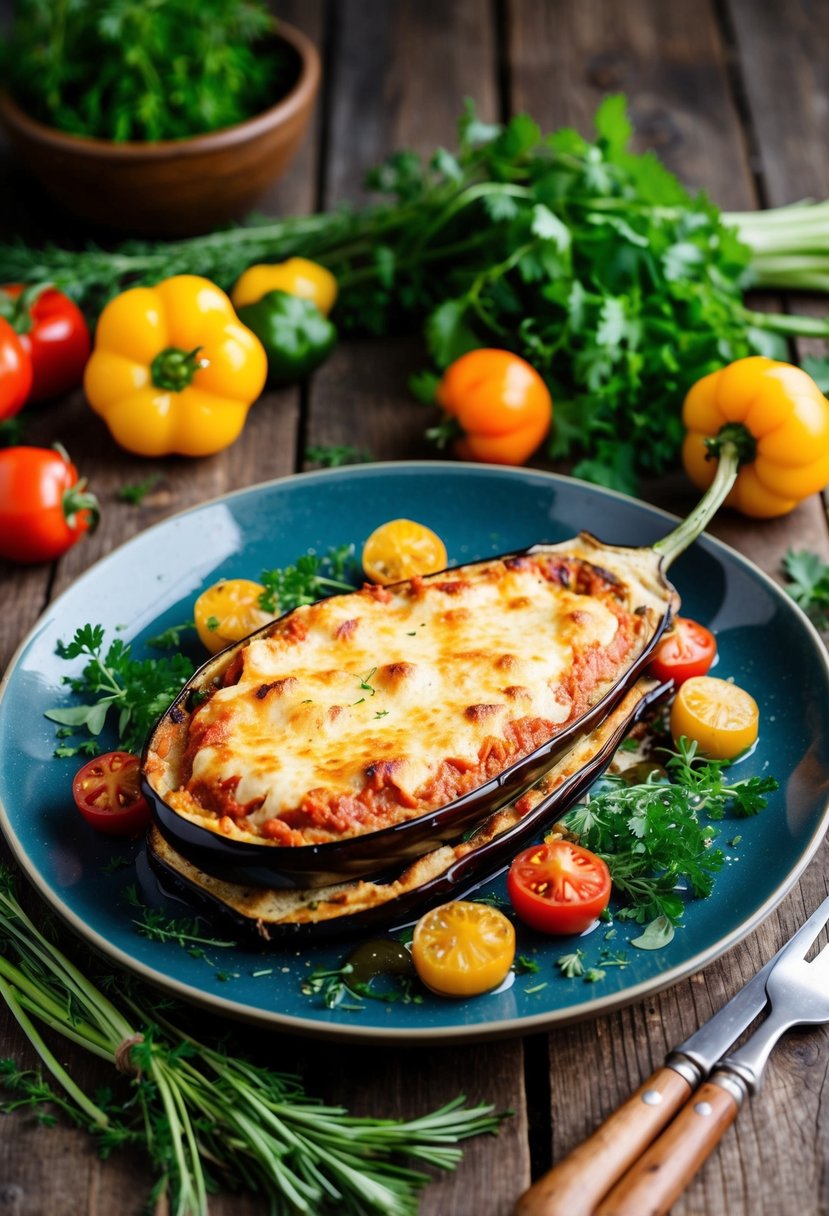 A rustic wooden table set with a platter of golden-brown roasted eggplant parmesan, surrounded by vibrant, freshly-picked vegetables and aromatic herbs