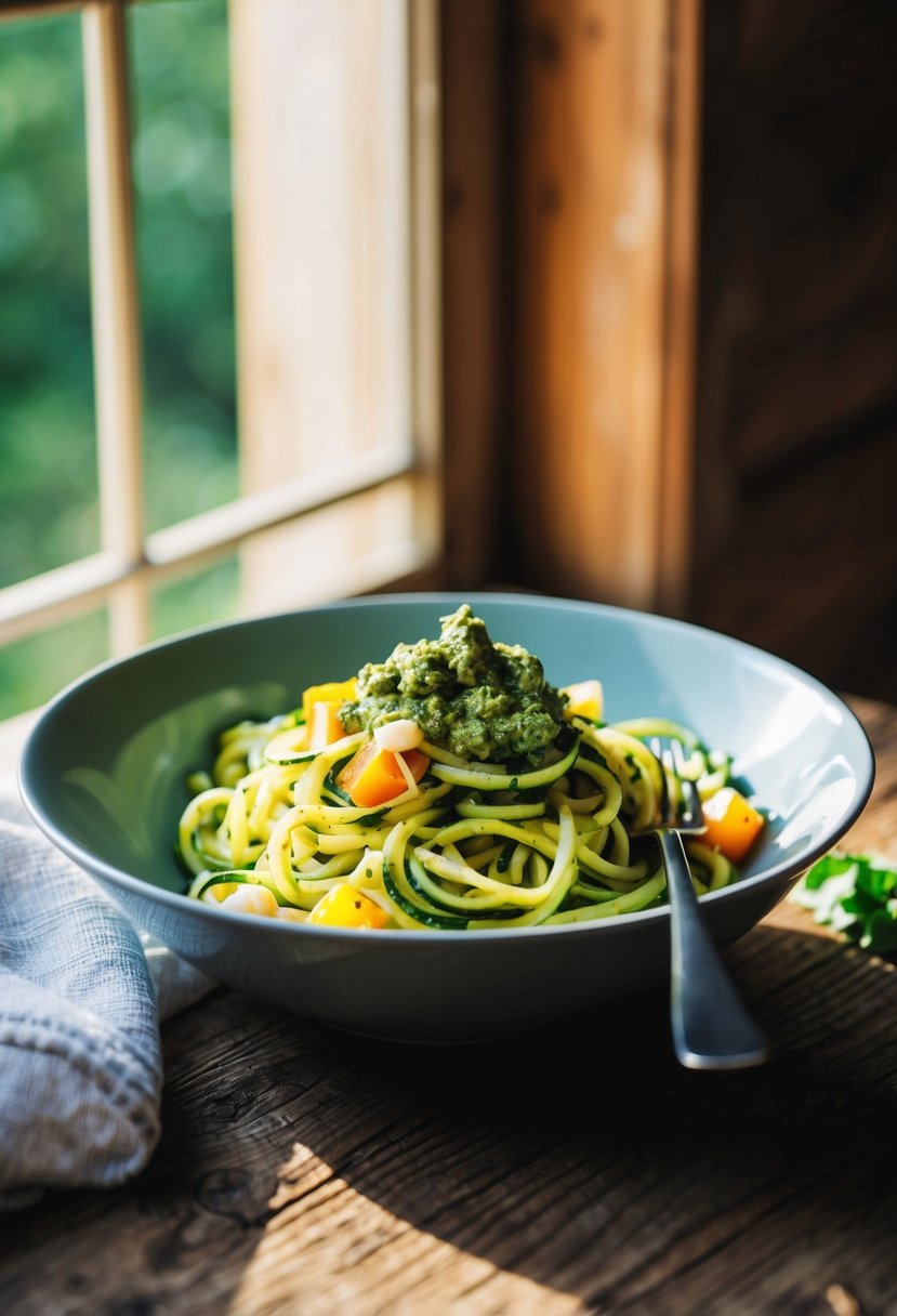 A bowl of zucchini noodles topped with pesto sauce and mixed vegetables sits on a rustic wooden table. Sunlight streams in through a nearby window, casting a warm glow on the dish