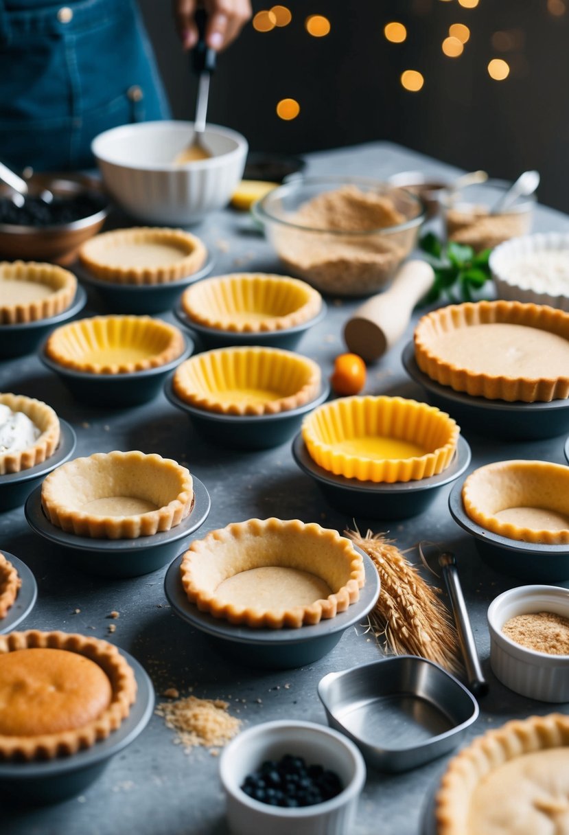 A table filled with mini pie molds of various shapes and sizes, surrounded by ingredients and baking tools