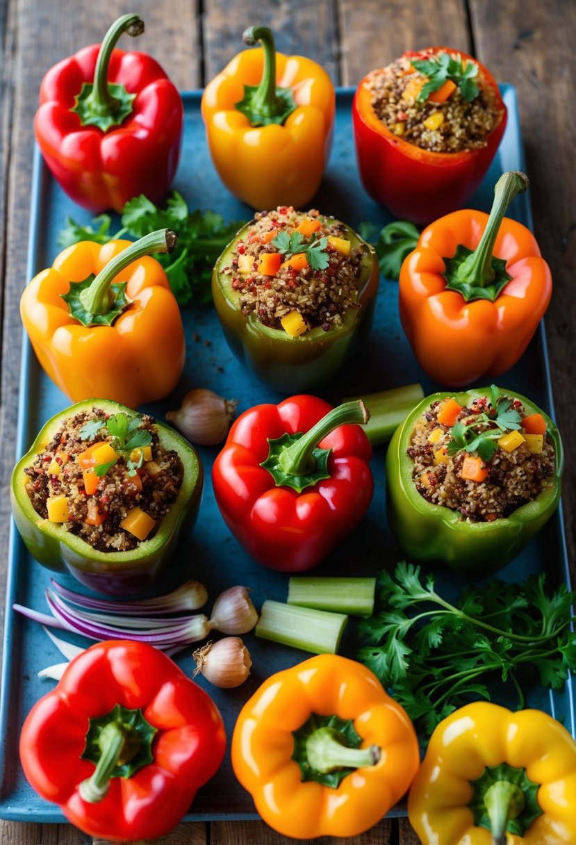 A colorful array of stuffed bell peppers filled with quinoa and assorted vegetables, arranged on a rustic wooden table