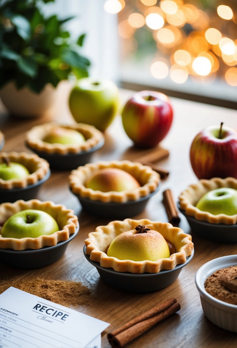 A table with mini pie molds, apples, cinnamon, and recipe cards