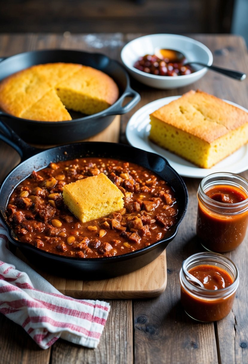 A rustic kitchen with a cast iron skillet sizzling with Texan chili, cornbread cooling on a wooden table, and a jar of homemade BBQ sauce