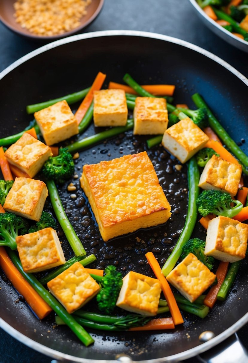 A colorful array of stir-fry vegetables surrounds a golden, crispy baked tofu on a sizzling hot pan