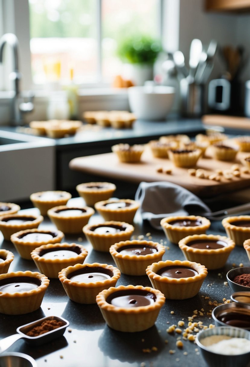 A kitchen counter with a variety of mini pie molds filled with chocolate ganache tarts, surrounded by scattered ingredients and utensils