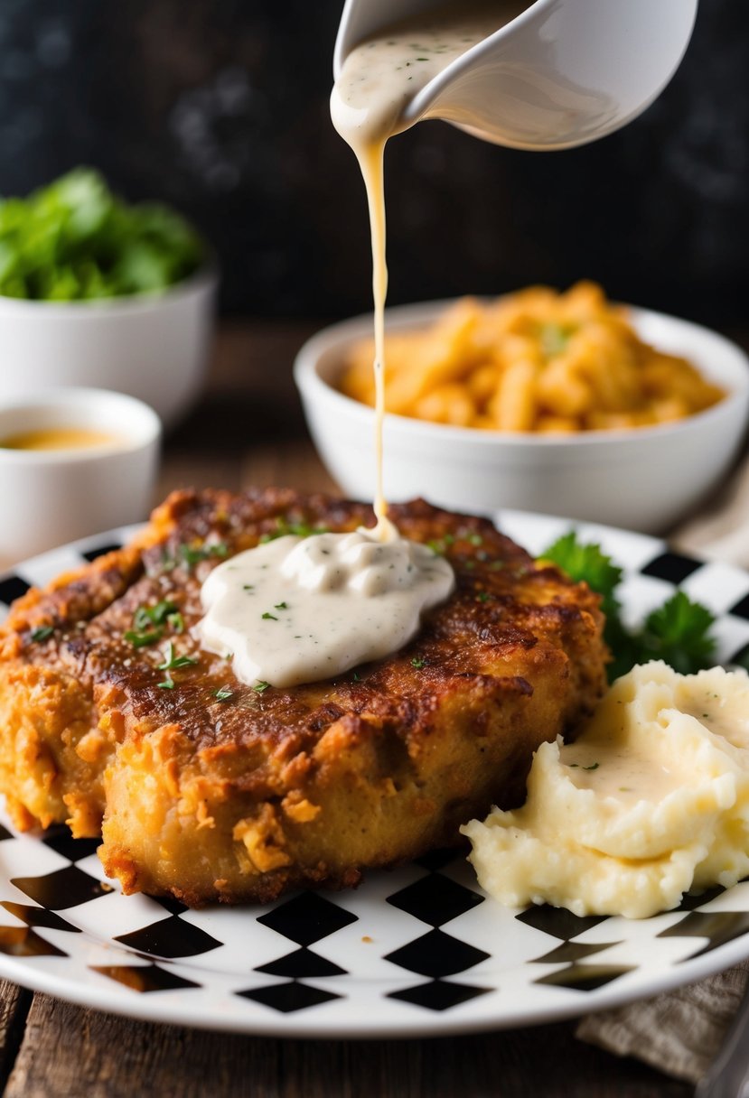 A sizzling chicken fried steak on a checkered plate with a side of creamy mashed potatoes and a generous drizzle of savory gravy